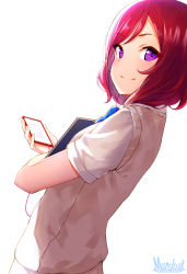 Rule 34 | 1girl, artist name, blue bow, blue bowtie, bow, bowtie, cellphone, commentary request, highres, holding, holding phone, looking at viewer, looking back, love live!, love live! school idol project, marshall (wahooo), nishikino maki, phone, purple eyes, red hair, school uniform, short sleeves, simple background, smartphone, smile, solo, sweater vest, upper body, white background