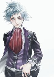 Rule 34 | 1boy, black pants, closed mouth, collared shirt, commentary request, creatures (company), game freak, grey eyes, grey hair, highres, jacket, jewelry, long sleeves, looking to the side, male focus, murasaki (fioletovyy), necktie, nintendo, open clothes, open jacket, pants, pokemon, pokemon oras, purple vest, red necktie, ring, shirt, short hair, smile, solo, steven stone, vest, white background, white shirt
