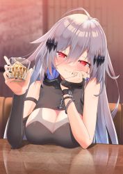 Rule 34 | 1girl, ahoge, alcohol, black nails, blush, breasts, bridal gauntlets, chain, cleavage, cleavage cutout, closed mouth, clothing cutout, commentary request, copyright request, cup, fingernails, hair between eyes, hair ornament, highres, holding, holding cup, large breasts, long hair, looking at viewer, nail polish, red eyes, silver hair, smile, solo, tsunde leon, upper body, virtual youtuber