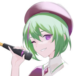 Rule 34 | 1girl, green hair, hand up, hat, holding, holding microphone, indie virtual youtuber, looking at viewer, microphone, milim nova, multicolored hair, one eye closed, purple eyes, short hair, simple background, smile, solo, streaked hair, terumi koizumi, virtual youtuber, white background