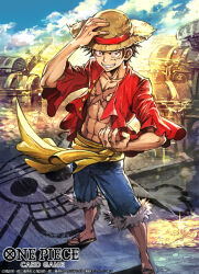 Rule 34 | 1boy, black eyes, black hair, clenched teeth, commentary request, facial scar, hand on headwear, hat, male focus, monkey d. luffy, nijihayashi, official art, one piece, open clothes, outdoors, red shirt, scar, scar on cheek, scar on chest, scar on face, shirt, short hair, smile, solo, standing, straw hat, teeth, translation request, treasure chest