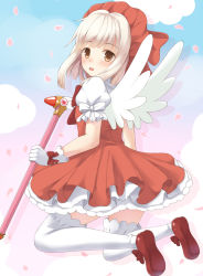 Rule 34 | 1girl, bad id, bad pixiv id, blush, bow, brown eyes, cardcaptor sakura, cherry blossoms, cloud, cosplay, dress, frilled sleeves, frills, fuuin no tsue, gloves, hat, hidamari sketch, highres, holding, kinomoto sakura, kinomoto sakura (cosplay), nazuna (hidamari sketch), open mouth, over-kneehighs, petals, red hat, shoes, short sleeves, silhouette, solo, thighhighs, wand, white gloves, white hair, white thighhighs, white wings, wings, yosshii (ropichan2)