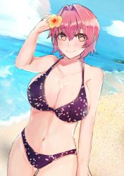 Rule 34 | 1girl, beach, bikini, black bikini, blue sky, breasts, cleavage, cloud, cowboy shot, day, floral print, flower, hair flower, hair ornament, highres, kantai collection, kinu (kancolle), large breasts, looking at viewer, miyako (rgrayt), outdoors, red eyes, red hair, short hair, sky, smile, solo, standing, swimsuit