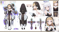 Rule 34 | 1girl, absurdres, black choker, black dress, black footwear, black tears, black veil, blush, bow, breasts, brown eyes, brown hair, celestine (letmebid), chain, character sheet, choker, cleavage, cleavage cutout, closed eyes, closed mouth, clothing cutout, color guide, commentary, cross, cross-shaped pupils, crossed bangs, crying, crying with eyes open, detached sleeves, dress, dripping, english commentary, equipment layout, expression chart, from behind, from side, full body, gem, gold trim, grey eyes, hair between eyes, halo, hand tattoo, hand up, heterochromia, high heels, highres, long hair, long sleeves, looking to the side, multiple views, neko020, nun, original, parted lips, pelvic curtain, puffy long sleeves, puffy sleeves, purple bow, purple gemstone, red gemstone, simple background, small breasts, standing, symbol-shaped pupils, tattoo, tears, thighhighs, veil, white background, white hair, white sleeves, white thighhighs, zoom layer