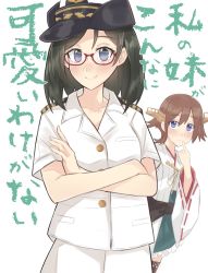 Rule 34 | 2girls, alternate costume, black hair, blue eyes, blush, breasts, brown hair, can&#039;t be this cute, closed mouth, collarbone, crossed arms, dokuganryuu, finger to mouth, glasses, headgear, hiei (kancolle), japan maritime self-defense force, japan self-defense force, japanese clothes, kantai collection, kirishima (kancolle), looking at viewer, medium breasts, military, military uniform, multiple girls, naval uniform, nontraditional miko, ore no imouto ga konna ni kawaii wake ga nai, parody, remodel (kantai collection), short hair, simple background, translation request, uniform, upper body, white background, white headwear, wide sleeves