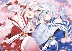 Rule 34 | 2girls, :3, :d, blue eyes, blurry, blurry foreground, blush, cherry blossoms, grey hair, highres, hololive, horns, indie virtual youtuber, kagura nana, long hair, long sleeves, looking at another, looking at viewer, multicolored hair, multiple girls, nakiri ayame, nakiri ayame (shrine maiden), nejime, nontraditional miko, official alternate costume, one eye closed, open mouth, pink thighhighs, red eyes, red hair, rope, shimenawa, skin-covered horns, smile, streaked hair, thighhighs, virtual youtuber, yagasuri