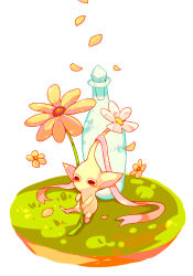 Rule 34 | black eyes, blush stickers, colored skin, commentary request, cork, falling petals, flower, glass bottle, grass, holding, holding flower, looking ahead, nintendo, no humans, no mouth, oversized object, petals, pikmin (creature), pikmin (series), pink ribbon, pointy ears, ribbon, shirushiki, sitting, white background, white flower, yellow flower, yellow pikmin, yellow skin