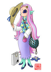 Rule 34 | 1girl, amabie, anchor hair ornament, artist logo, bag, blue footwear, eyelashes, eyeliner, fins, full body, hair ornament, hat, head fins, high heels, highres, holding, holding bag, holding clothes, holding hat, jewelry, long hair, m.wolverine, makeup, monster girl, multicolored hair, necklace, original, pink hair, purple eyes, purple hair, red hair, shoulder bag, simple background, solo, standing, standing on three legs, streaked hair, sun hat, white background