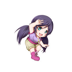 Rule 34 | 10s, 1girl, black hair, chibi, crescent, green eyes, highres, kuena, long hair, love live!, love live! school idol festival, love live! school idol project, low twintails, off shoulder, shorts, solo, tojo nozomi, twintails