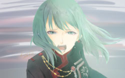 Rule 34 | 1girl, black jacket, blcky, crying, d.gray-man, floating hair, green eyes, green hair, jacket, lenalee lee, long hair, looking at viewer, military, military jacket, military uniform, open mouth, solo, tears, uniform, upper body, vanash