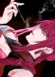 Rule 34 | 1girl, ancoo mm, black background, braid, braided ponytail, chainsaw man, cleavage cutout, clothing cutout, earrings, highres, holding, holding smoking pipe, jewelry, long hair, makima (chainsaw man), parted lips, red hair, ringed eyes, single braid, smoke, smoking, smoking pipe, solo, tassel, tassel earrings, yellow eyes