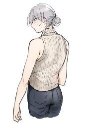 Rule 34 | 1boy, ass, beige sweater, black pants, blue eyes, commentary request, cowboy shot, denim, fate/grand order, fate (series), from behind, grey hair, hair bun, highres, jeans, light blush, looking to the side, male focus, medium hair, oberon (fate), pants, sausu hitori, sleeveless, solo, sweat, sweatdrop, sweater, tagme, trap, turtleneck, turtleneck sweater, white background