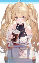 Rule 34 | 1girl, ahoge, backlighting, bandaid, bandaid on cheek, bandaid on face, bare shoulders, belt, blonde hair, blush, breasts, collarbone, cup, disposable cup, drinking, drinking straw, granblue fantasy, grey eyes, halterneck, highres, large breasts, long hair, long sleeves, looking at viewer, monika weisswind, off shoulder, shirt, solo, twintails, twitter username, very long hair, watao, white background, white shirt