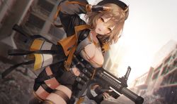 Rule 34 | 1girl, ammunition, ammunition belt, anis (nikke), arm up, belt, black gloves, black jacket, black shorts, black thighhighs, breasts, brown hair, cleavage, cowboy shot, crop top, dutch angle, explosive, fingerless gloves, gloves, goddess of victory: nikke, grenade, grenade cartridge, grenade launcher, gun, highres, holding, holding gun, holding weapon, jacket, large-caliber cartridge, large breasts, long sleeves, looking at viewer, medium hair, midriff, milkor mgl, navel, open clothes, open jacket, open mouth, orange eyes, outdoors, post-apocalypse, revolver grenade launcher, salute, shirt, short shorts, shorts, smile, solo, standing, thigh strap, thighhighs, thighs, weapon, weri, white shirt