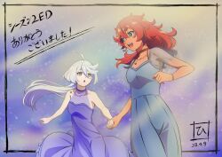 Rule 34 | 2girls, :o, ahoge, blue dress, breasts, choker, commentary request, dated, dress, grey eyes, gundam, gundam suisei no majo, hair down, halter dress, halterneck, hiroki (vvkagerouvvr2), holding hands, jewelry, looking at another, low ponytail, messy hair, miorine rembran, multiple girls, necklace, official alternate costume, official alternate hairstyle, ponytail, purple dress, red hair, see-through, see-through sleeves, signature, small breasts, smile, spoilers, suletta mercury, thick eyebrows, yuri