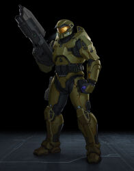 Rule 34 | absurdres, armor, assault rifle, belt pouch, bullpup, explosive, flashlight, full armor, green armor, grenade, grenade launcher, gun, halo (series), handgun, helmet, highres, holding, holding grenade, holding weapon, looking down, ma5, master chief, military, pouch, power armor, rifle, spartan (halo), thigh pouch, weapon, william bao