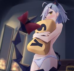 Rule 34 | 1girl, ahoge, akinakesu-chan, animal ears, blurry, blurry background, blurry foreground, blush, bow, braid, brown eyes, commentary request, covered mouth, depth of field, grey hair, hair ornament, hairclip, highres, indoors, looking at viewer, no, no pants, nose blush, hugging object, panties, pillow, pillow hug, red bow, reiny (vtuber), solo, standing, tail, tail bow, tail ornament, topless, underwear, underwear only, virtual youtuber, white panties, yes, yes-no pillow