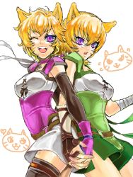 Rule 34 | 2girls, animal ears, blonde hair, brown hair, cat, fang, female focus, fire emblem, fire emblem: radiant dawn, gloves, holding hands, laguz (race), lethe (fire emblem), long hair, lyre (fire emblem), multiple girls, nintendo, one eye closed, open mouth, purple eyes, siblings, simple background, sisters, smile, tail, thighhighs, twins, wink