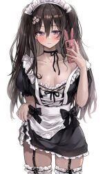 Rule 34 | 1girl, apron, black choker, black dress, black garter straps, black hair, blush, breasts, cellphone, choker, clothes lift, collarbone, commentary, dress, dress lift, flower, garter straps, hair between eyes, hair flower, hair ornament, highres, holding, holding phone, lifting own clothes, long hair, maid, mole, mole on breast, original, petticoat, phone, phone with ears, purple eyes, saya (mychristian2), selfie, small breasts, solo, sweatdrop, symbol-only commentary, thighhighs, two side up, very long hair, white apron, white thighhighs