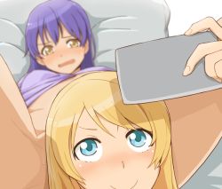 Rule 34 | 10s, 2girls, anco (platanity), ayase eli, bad id, bad pixiv id, blonde hair, blue eyes, blue hair, blush, bottomless, cellphone, convenient censoring, convenient head, embarrassed, hair between eyes, holding, holding phone, long hair, love live!, love live! school idol project, multiple girls, open mouth, phone, selfie, smartphone, smile, sonoda umi, spread legs, taking picture, wavy mouth, yellow eyes, yuri