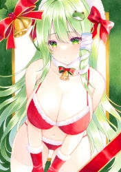 Rule 34 | 1girl, alternate costume, bare shoulders, bell, bikini, blush, bow, breasts, christmas, cleavage, closed mouth, cowboy shot, detached collar, dot nose, frog hair ornament, fur trim, gloves, green eyes, green hair, hair between eyes, hair bow, hair ornament, hair tubes, highres, kochiya sanae, large breasts, leaning forward, light frown, long hair, looking at viewer, navel, neck bell, red bikini, red bow, red gloves, santa bikini, simple background, snake hair ornament, solo, swimsuit, thigh gap, touhou, y na1211