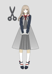 Rule 34 | 1girl, absurdres, black footwear, blush, book, brown eyes, brown hair, closed mouth, dress, eyes visible through hair, grey background, grey dress, hanatsuki, highres, holding, holding book, long hair, original, personification, red neckwear, red ribbon, ribbon, scissors, simple background, smile, solo