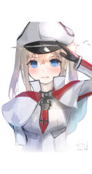 Rule 34 | 1girl, absurdres, black gloves, blonde hair, blue eyes, blush, capelet, dated, flying sweatdrops, gloves, graf zeppelin (kancolle), hair between eyes, hat, highres, kantai collection, long hair, long sleeves, military, military uniform, mmk, one-hour drawing challenge, open mouth, peaked cap, salute, sidelocks, signature, simple background, solo, twintails, uniform, upper body, white background, white hat
