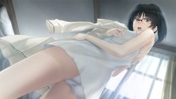 Rule 34 | 1girl, bed, black eyes, black hair, blush, breasts, game cg, glasses, innocent grey, kara no shoujo 2, kohane torii, legs, looking down, open mouth, panties, pillow, short hair, small breasts, standing, sugina miki, surprised, thighs, twintails, underwear