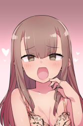 Rule 34 | :d, bra, breasts, brown eyes, brown hair, cleavage, gradient background, hair between eyes, hand up, heart, light blush, lingerie, long hair, looking at viewer, open mouth, original, portrait, smile, straight hair, stroma, underwear, underwear only