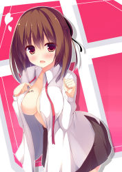 Rule 34 | 1girl, :d, black skirt, blush, body writing, breasts, brown hair, cleavage, collarbone, cowboy shot, dress shirt, emblem, equation, hand on own chest, heart, highres, large breasts, leaning forward, long sleeves, looking at viewer, megarisu, necktie, no bra, open clothes, open mouth, open shirt, original, pink eyes, red necktie, school uniform, shirt, skirt, smile, solo, undone necktie, wavy mouth, writing