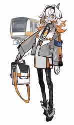 Rule 34 | 1girl, android, armband, belt, black hairband, black shirt, blue armband, bright pupils, collared shirt, full body, hair between eyes, hairband, highres, holding, holding suitcase, long sleeves, looking at viewer, maio (space jct), mechanical legs, medium hair, multicolored hair, necktie, open clothes, open mouth, orange eyes, orange hair, orange necktie, original, pocket, shirt, signature, simple background, skirt, smile, solo, standing, suitcase, train, white background, white hair, white pupils, white skirt