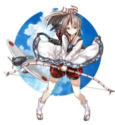 Rule 34 | 10s, aichi d3a, aircraft, airplane, bow (weapon), brown eyes, hachimaki, hair ribbon, headband, high ponytail, holding, holding weapon, japanese clothes, kantai collection, light brown hair, long hair, muneate, ponytail, ribbon, sandals, shibano kaito, shorts, smile, solo, tabi, v arms, weapon, white legwear, wide sleeves, zuihou (kancolle)