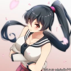 Rule 34 | 1girl, absurdres, artist name, black hair, breast hold, breasts, cherry blossoms, cleavage, crossed arms, dated, gloves, highres, kantai collection, large breasts, long hair, looking at viewer, nuka (nvkka), one-hour drawing challenge, petals, ponytail, red eyes, red skirt, sidelocks, skirt, smile, solo, twitter username, white gloves, yahagi (kancolle)