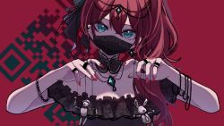Rule 34 | 1girl, absurdres, black shirt, collarbone, detached collar, esperanza (vocaloid), frilled shirt, frills, hair behind ear, head tilt, highres, jewelry, katorea, mask, mouth mask, nail polish, necklace, off-shoulder shirt, off shoulder, official art, puppet, qr code, red background, red hair, red nails, ring, shirt, side ponytail, solo, vocaloid
