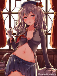 Rule 34 | 10s, 1girl, blue eyes, breasts, gloves, kantai collection, kashima (kancolle), long hair, mataichi mataro, open mouth, quill, silver hair, skirt, solo, twintails, uniform, wavy hair