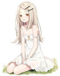 Rule 34 | 1girl, bare arms, bare shoulders, blonde hair, blunt ends, colored eyelashes, commentary request, double strap slip, dress, flat chest, gakuen idolmaster, grass, hair ornament, hairclip, highres, idolmaster, long hair, looking at viewer, on ground, orange eyes, parted lips, sasakichi (ssk chi), shinosawa hiro, sideways glance, simple background, sitting, sleeveless, sleeveless dress, smile, solo, strap slip, sundress, swept bangs, white background, white dress