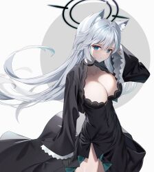 Rule 34 | 1girl, absurdres, animal ear fluff, animal ears, arm at side, black choker, black dress, black gloves, blue archive, blue eyes, blush, breasts, bright pupils, choker, cleavage, closed mouth, collarbone, covered navel, cowboy shot, dress, floating hair, gloves, grey background, halo, hand up, highres, large breasts, long hair, looking at viewer, mismatched pupils, shiroko terror (blue archive), solo, sugar (dndi888), thighs, two-tone background, very long hair, white background, white hair, white pupils, wide sleeves, wolf ears