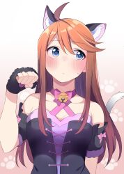 Rule 34 | 1girl, ahoge, animal ear fluff, animal ears, bare shoulders, bell, black dress, black gloves, black sleeves, blue eyes, blush, bow, breasts, brown hair, cat ears, cat tail, cleavage, collarbone, detached sleeves, dress, fake animal ears, fake tail, fingerless gloves, footprints, gloves, gradient background, gradient hair, highres, idolmaster, idolmaster million live!, idolmaster million live! theater days, jingle bell, large breasts, long hair, looking at another, multicolored hair, neck bell, neck ribbon, paw pose, pink background, pink bow, pink ribbon, purple trim, ribbon, shy, soeji, solo, sweatdrop, swept bangs, tail, tokoro megumi, upper body
