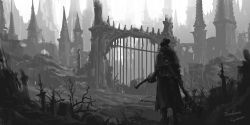 Rule 34 | 1other, ambiguous gender, artist name, bloodborne, boots, building, coat, copyright name, from behind, grey theme, greyscale, gun, hat, highres, holding, holding gun, holding weapon, hunter (bloodborne), monochrome, outdoors, saw, saw cleaver, sword, tricorne, tripdancer, weapon