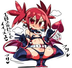 Rule 34 | 1girl, :q, belt, black gloves, black thighhighs, bracelet, collar, demon tail, disgaea, earrings, etna (disgaea), flat chest, full body, gloves, heart, heart tattoo, jewelry, kanikama, looking at viewer, lowres, navel, pubic tattoo, red eyes, red hair, short hair, simple background, skull earrings, solo, spread legs, squatting, stomach tattoo, sweat, tail, tattoo, thighhighs, tongue, tongue out, twintails, v, white background, white belt