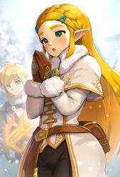 Rule 34 | belt, belt pouch, black pants, blonde hair, breathing on hands, brown gloves, coat, fur collar, fur trim, gloves, gonzarez, green eyes, hair ornament, hairclip, highres, link, long hair, nintendo, official alternate costume, pants, pointy ears, pouch, princess zelda, snow, the legend of zelda, the legend of zelda: breath of the wild, white coat, winter clothes