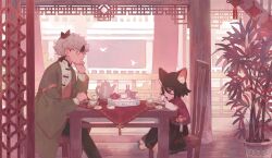 Rule 34 | 1boy, 1girl, animal ear fluff, animal ears, bird, black hair, black skirt, capelet, cat ears, cat girl, chair, closed eyes, closed mouth, cup, day, drinking, glasses, green footwear, green jacket, hair between eyes, hand on own chin, hand rest, holding, holding cup, jacket, lattice, long sleeves, multicolored hair, original, outdoors, pillar, plant, potted plant, profile, railing, red capelet, red theme, round eyewear, saucer, short hair, sitting, skirt, sunlight, table, tablecloth, tassel, tea set, teacup, teapot, two-tone hair, urabe (mstchan), white hair, white sleeves, wooden floor