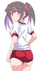 Rule 34 | 1girl, ass, brown hair, buruma, closed mouth, colored inner hair, cowboy shot, from behind, gym uniform, hair ornament, hair ribbon, hairclip, highres, looking at viewer, looking back, medium hair, multicolored hair, onii-chan wa oshimai!, oyama mihari, ponzu rui, purple hair, red buruma, red ribbon, ribbon, shirt, short sleeves, short twintails, simple background, smile, solo, standing, twintails, two-tone hair, white background, white shirt