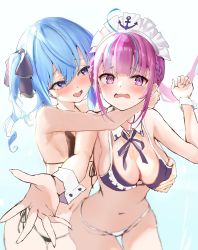 Rule 34 | 2girls, @ @, armpits, blue eyes, blue hair, blush, breasts, cleavage, colored inner hair, grabbing, grabbing another&#039;s breast, hair between eyes, highres, hololive, hoshimachi suisei, large breasts, long hair, looking at viewer, maid, maid headdress, minato aqua, minato aqua (1st costume), mugiusagi, multicolored hair, multiple girls, navel, open mouth, purple eyes, purple hair, ribbon, side ponytail, small breasts, smile, star (symbol), star in eye, swimsuit, symbol in eye, tears, two-tone hair, virtual youtuber, wrist cuffs
