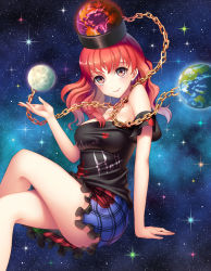 Rule 34 | 1girl, arm support, bare shoulders, black shirt, breasts, chain, cleavage, clothes writing, collar, collarbone, crossed legs, globe, head tilt, hecatia lapislazuli, highres, hinome, large breasts, looking at viewer, miniskirt, multicolored clothes, multicolored skirt, off-shoulder shirt, off shoulder, red eyes, red hair, shirt, sitting, skirt, sky, smile, solo, star (sky), starry sky, thighs, touhou