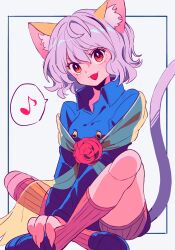 Rule 34 | 1other, androgynous, animal ears, cat ears, cat tail, chimera ant, curly hair, fingernails, flower, full body, highres, hunter x hunter, indian style, joints, long sleeves, looking at viewer, musical note, neferpitou, other focus, red eyes, red flower, red rose, rose, sanamaru (sana79261827), sash, sharp fingernails, short hair, simple background, sitting, smile, solo, speech bubble, tail, white hair