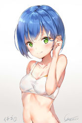 Rule 34 | 10s, 1girl, adjusting hair, bare arms, bare shoulders, blue hair, breasts, character name, cleavage, closed mouth, collarbone, darling in the franxx, dated, ginn (hzh770121), green eyes, hair ornament, hairclip, hand in own hair, highres, ichigo (darling in the franxx), navel, raised eyebrows, short hair, signature, simple background, small breasts, smile, solo, tareme, upper body, white background