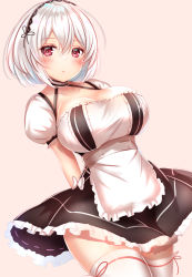 Rule 34 | 1girl, apron, arms behind back, azur lane, beige background, black dress, blush, breasts, cleavage, collarbone, cowboy shot, dress, frills, hair between eyes, hairband, halterneck, highres, large breasts, looking at viewer, maid, maid apron, parted lips, puffy short sleeves, puffy sleeves, red eyes, short hair, short sleeves, simple background, sirius (azur lane), solo, standing, thighhighs, white hair, white thighhighs, yuano, zettai ryouiki