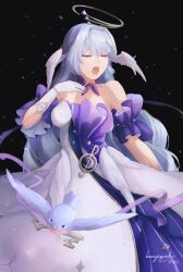 1girl absurdres bare_shoulders berrysquid bird black_background choker closed_eyes detached_sleeves dress gloves grey_hair head_wings highres honkai:_star_rail honkai_(series) open_mouth purple_choker robin_(honkai:_star_rail) short_sleeves solo strapless strapless_dress white_dress white_gloves wings