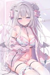 1girl :o ame_usari bare_shoulders between_breasts blush bow bow_panties bra braid breasts cleavage collarbone commentary_request cuffs demon_tail double_bun grey_eyes grey_hair grey_wings hair_between_eyes hair_bow hair_bun hair_intakes hair_ornament handcuffs heart heart-shaped_pupils heart_hair_ornament highres jacket long_hair long_sleeves medium_breasts off_shoulder open_clothes open_jacket original panties parted_lips pink_bow pink_jacket sitting skindentation sleeves_past_wrists solo symbol-shaped_pupils tail thigh_strap thighhighs underwear very_long_hair white_bra white_panties white_thighhighs wings